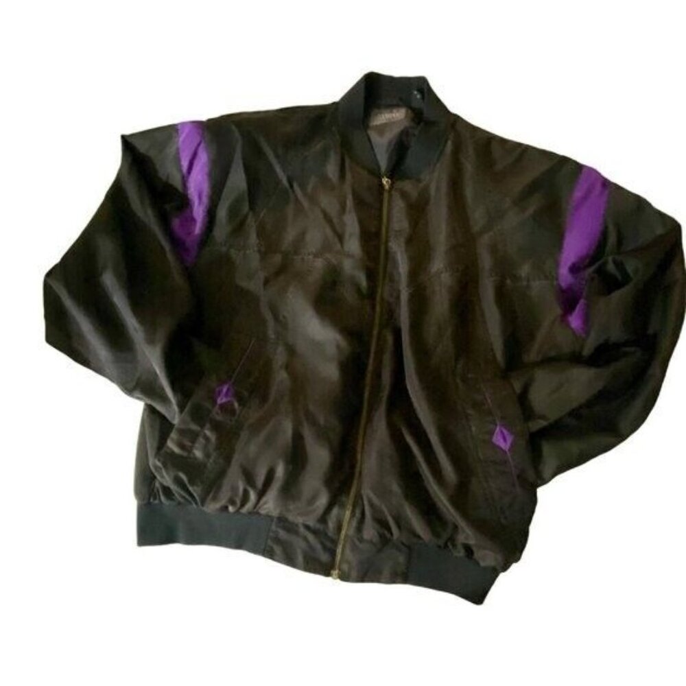 Vintage Saxony Collection Black & Purple Bomber  Style Zip Up Jacket L 75% Silk